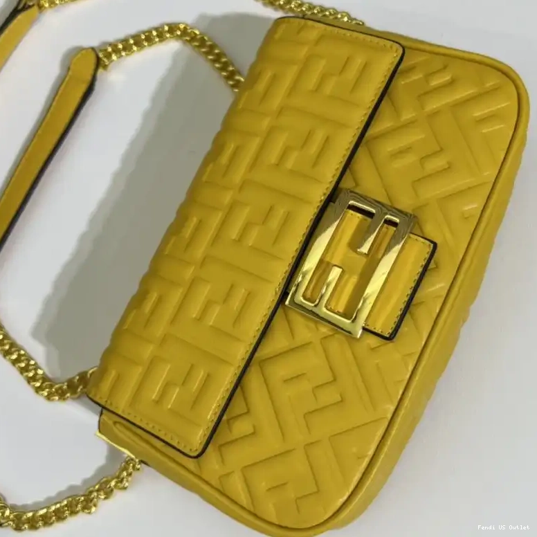 Cheap HOT Leather Motif In Nappa Fendi FF Chain Baguette Yellow Midi Bag 0615